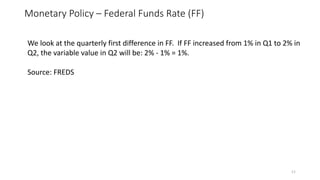 Monetary Policy – Federal Funds Rate (FF)
11
We look at the quarterly first difference in FF. If FF increased from 1% in Q1 to 2% in
Q2, the variable value in Q2 will be: 2% - 1% = 1%.
Source: FREDS
 