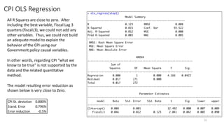 CPI OLS Regression
31
All R Squares are close to zero. After
including the best variable, Fiscal Lag 3
quarters (fiscalL3), we could not add any
other variables. Thus, we could not build
an adequate model to explain the
behavior of the CPI using our
Government policy causal variables.
In other words, regarding CPI “what we
know to be true” is not supported by the
data and the related quantitative
method.
The model resulting error reduction as
shown below is very close to Zero.
CPI St. deviation 0.800%
Stand. Error 0.796%
Error reduction -0.5%
 