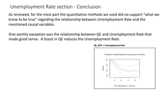 Unemployment Rate section - Conclusion
45
As reviewed, for the most part the quantitative methods we used did no support “what we
know to be true” regarding the relationship between Unemployment Rate and the
mentioned causal variables.
One worthy exception was the relationship between QE and Unemployment Rate that
made good sense. A boost in QE reduces the Unemployment Rate.
 