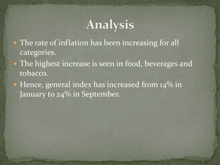  The rate of inflation has been increasing for all
  categories.
 The highest increase is seen in food, beverages and
  tobacco.
 Hence, general index has increased from 14% in
  January to 24% in September.
 