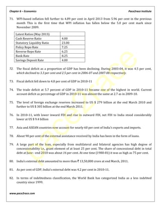 Chapter 6 – Economics Pace2race Institute
www.pace2race.com
71. WPI-based inflation fell further to 4.89 per cent in April 2013 from 5.96 per cent in the previous
month This is the first time that WPI inflation has fallen below the 5.0 per cent mark since
November 2009.
Latest Ratios (May 2013)
Cash Reserve Ratio 4.00
Statutory Liquidity Ratio 23.00
Policy Repo Rate 7.25
Reverse Repo Rate 6.25
Bank Rate 8.25
Savings Deposit Rate 4.00
72. The fiscal deficit as a proportion of GDP has been declining. During 2003-04, it was 4.5 per cent,
which declined to 3.3 per cent and 2.5 per cent in 2006-07 and 2007-08 respectively.
73. Fiscal deficit fell down to 4.8 per cent of GDP in 2010-11
74. The trade deficit at 5.7 percent of GDP in 2010-11 became one of the highest in world. Current
account deficit as percentage of GDP in 2010-11 was almost the same at 2.7 as in 2009-10.
75. The level of foreign exchange reserves increased to US $ 279 billion at the end March 2010 and
further to US $ 305 billion at the end March 2011.
76. In 2010-11, with lower inward FDI and rise in outward FDI, net FDI to India stood considerably
lower at US $ 9.4 billion
77. Asia and ASEAN countries now account for nearly 60 per cent of India’s exports and imports.
78. About 90 per cent of the external assistance received by India has been in the form of loans.
79. A large part of the loan, especially from multilateral and bilateral agencies has high degree of
concessionability i.e., grant element of at least 25 per cent. The share of concessional debt in total
debt at June - end 2010 was about 16 per cent. At one time (1980-81) it was as high as 75 per cent.
80. India’s external debt amounted to more than ` 13,50,000 crore at end March, 2011.
81. As per cent of GDP, India’s external debt was 4.2 per cent in 2010-11.
82. In terms of indebtedness classification, the World Bank has categorized India as a less indebted
country since 1999.
pace2race
 