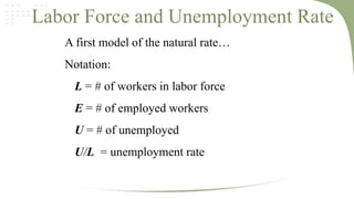 Labor Force and Unemployment Rate
A first model of the natural rate…
Notation:
L = # of workers in labor force
E = # of employed workers
U = # of unemployed
U/L = unemployment rate

 