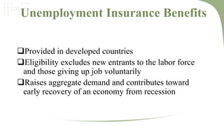 Unemployment Insurance Benefits
Provided in developed countries
Eligibility excludes new entrants to the labor force
and those giving up job voluntarily
Raises aggregate demand and contributes toward
early recovery of an economy from recession

 