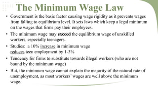 The Minimum Wage Law
• Government is the basic factor causing wage rigidity as it prevents wages
from falling to equilibrium level. It sets laws which keep a legal minimum
on the wages that firms pay their employees.
• The minimum wage may exceed the equilibrium wage of unskilled
workers, especially teenagers.
• Studies: a 10% increase in minimum wage
reduces teen employment by 1-3%
• Tendency for firms to substitute towards illegal workers (who are not
bound by the minimum wage)
• But, the minimum wage cannot explain the majority of the natural rate of
unemployment, as most workers’ wages are well above the minimum
wage.

 
