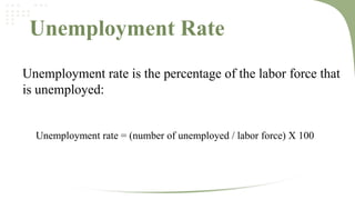 Unemployment Rate
Unemployment rate is the percentage of the labor force that
is unemployed:

Unemployment rate = (number of unemployed / labor force) X 100

 