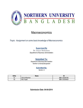 Macroeconomics
Tropic: Assignment on some basic knowledge of Macroeconomics
Supervised By
Dr. Ataur Rahaman
Department of Business Administration
Submitted To:
Department of Business Administration
Northern UniversityBangladesh
Submitted By:
Section- A
Submission Date: 04-04-2014
Sl No Name ID
01 S.M. Al-Shahriar BBA 120304790
02 Md.Foysal BBA 120304830
 