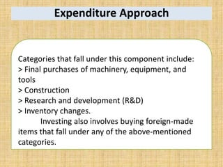 Expenditure Approach
Categories that fall under this component include:
> Final purchases of machinery, equipment, and
tools
> Construction
> Research and development (R&D)
> Inventory changes.
Investing also involves buying foreign-made
items that fall under any of the above-mentioned
categories.
 