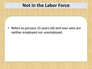 Not in the Labor Force
• Refers to persons 15 years old and over who are
neither employed nor unemployed.
 