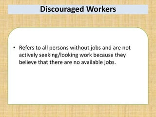 Discouraged Workers
• Refers to all persons without jobs and are not
actively seeking/looking work because they
believe that there are no available jobs.
 