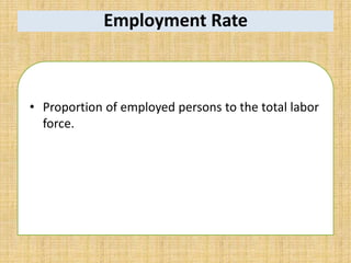 Employment Rate
• Proportion of employed persons to the total labor
force.
 