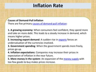 Inflation Rate
Causes of Demand-Pull Inflation
There are five primary causes of demand-pull inflation:
1. A growing economy: When consumers feel confident, they spend more
and take on more debt. This leads to a steady increase in demand, which
means higher prices.
2. Increasing export demand: A sudden rise in exports forces an
undervaluation of the currencies involved.
3. Government spending: When the government spends more freely,
prices go up.
4. Inflation expectations: Companies may increase their prices in
expectation of inflation in the near future.
5. More money in the system: An expansion of the money supply with
too few goods to buy makes prices increase.
 