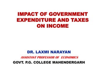 IMPACT OF GOVERNMENT
EXPENDITURE AND TAXES
ON INCOME
DR. LAXMI NARAYAN
ASSISTANT PROFESSOR OF ECONOMICS
GOVT. P.G. COLLEGE MAHENDERGARH
 