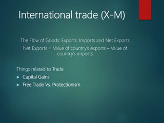 International trade (X-M)
The Flow of Goods: Exports, Imports and Net Exports
Net Exports = Value of country’s exports – Value of
country’s imports
Things related to Trade
 Capital Gains
 Free Trade Vs. Protectionism
 