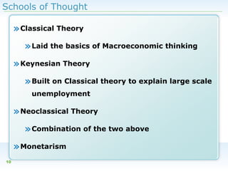 Schools of Thought

» Classical Theory
» Laid the basics of Macroeconomic thinking
» Keynesian Theory
» Built on Classical theory to explain large scale
unemployment

» Neoclassical Theory
» Combination of the two above
» Monetarism
10

 