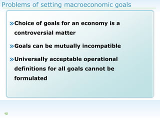 Problems of setting macroeconomic goals

»Choice of goals for an economy is a
controversial matter

»Goals can be mutually incompatible
»Universally acceptable operational
definitions for all goals cannot be
formulated

12

 