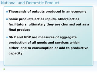 National and Domestic Product

» Thousands of outputs produced in an economy
» Some products act as inputs, others act as
facilitators, ultimately they are churned out as a
final product

» GNP and GDP are measures of aggregate
production of all goods and services which
either lend to consumption or add to productive
capacity

18

 
