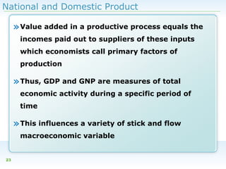 National and Domestic Product

» Value added in a productive process equals the
incomes paid out to suppliers of these inputs
which economists call primary factors of
production

» Thus, GDP and GNP are measures of total
economic activity during a specific period of
time

» This influences a variety of stick and flow
macroeconomic variable

23

 