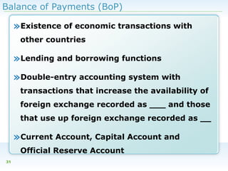 Balance of Payments (BoP)

»Existence of economic transactions with
other countries

»Lending and borrowing functions
»Double-entry accounting system with
transactions that increase the availability of
foreign exchange recorded as ___ and those
that use up foreign exchange recorded as __

»Current Account, Capital Account and
Official Reserve Account
31

 