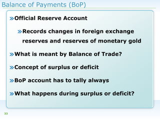 Balance of Payments (BoP)

»Official Reserve Account
»Records changes in foreign exchange
reserves and reserves of monetary gold

»What is meant by Balance of Trade?
»Concept of surplus or deficit
»BoP account has to tally always
»What happens during surplus or deficit?
33

 