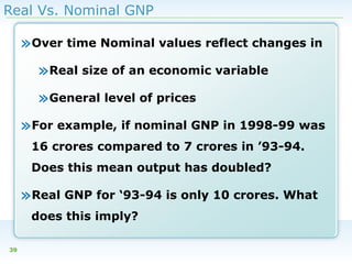 Real Vs. Nominal GNP

»Over time Nominal values reflect changes in
»Real size of an economic variable
»General level of prices
»For example, if nominal GNP in 1998-99 was
16 crores compared to 7 crores in ’93-94.
Does this mean output has doubled?

»Real GNP for ‘93-94 is only 10 crores. What
does this imply?
39

 