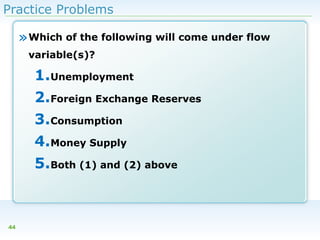 Practice Problems

» Which of the following will come under flow
variable(s)?

1.Unemployment
2.Foreign Exchange Reserves
3.Consumption
4.Money Supply
5.Both (1) and (2) above

44

 