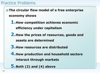 Practice Problems

» The circular flow model of a free enterprise
economy shows

1.How competition achieves economic
efficiency under capitalism

2.How the prices of resources, goods and
assets are determined

3.How resources are distributed
4.How production and household sectors
interact through markets

5.Both (2) and (4) above
47

 