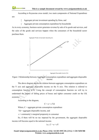 6
Email : help@assignmentdesk.co.uk, Phone: (UK) +44 203 3555345
Website: www.assignmentdesk.co.uk
This is a sample document owned by www.assignmentdesk.co.uk
Figure 1 Relationship between Aggregate consumption expenditure and aggregate disposable
income
The above diagram shows the relation between aggregate consumption expenditure on the Y axis and
aggregate disposable income on the X axis. This relation is referred to consumption function (CF).
Using the concept of consumption function we will try to understand the impact of falling prices
of house and tighter consumer credit on the UK economy.
According to the diagram,
C = a + c Yd
Where, C = aggregate private consumption expenditure
Yd = aggregate disposable income, and
c = community’s marginal propensity to consumer
So, if there will be no tax imposed by the government, the aggregate disposable income will
become equal to the national income. i.e., C = a + cY
 