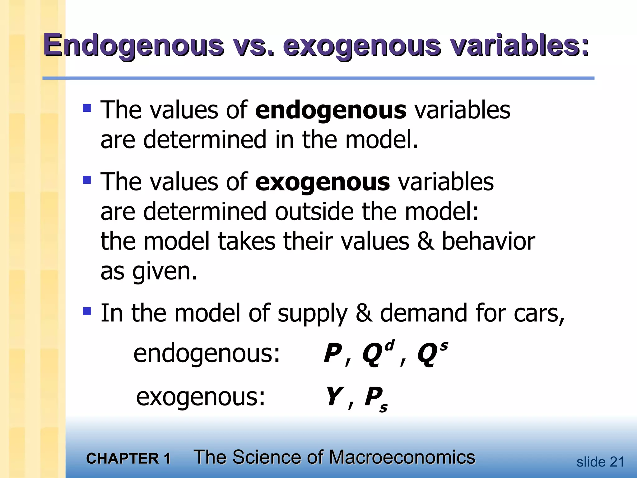 Endogenous vs. exogenous variables: The values of  endogenous  variables  are determined in the model. The values of  exogenous  variables  are determined outside the model:  the model takes their values & behavior  as given. In the model of supply & demand for cars, 