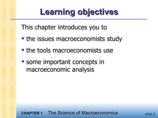 Learning objectives This chapter introduces you to the issues macroeconomists study the tools macroeconomists use some important concepts in macroeconomic analysis 