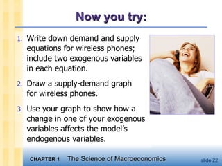 Now you try: Write down demand and supply  equations for wireless phones;  include two exogenous variables  in each equation.  Draw a supply-demand graph  for wireless phones. Use your graph to show how a change in one of your exogenous variables affects the model’s endogenous variables.  