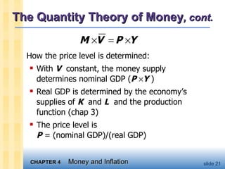 The Quantity Theory of Money , cont. How the price level is determined: With  V   constant, the money supply determines nominal GDP ( P   Y  ) Real GDP is determined by the economy’s supplies of  K   and  L   and the production function (chap 3) The price level is  P  = (nominal GDP)/(real GDP) 