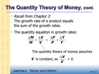 The Quantity Theory of Money , cont. Recall from Chapter 2:  The growth rate of a product equals  the sum of the growth rates.  The quantity equation in growth rates: 