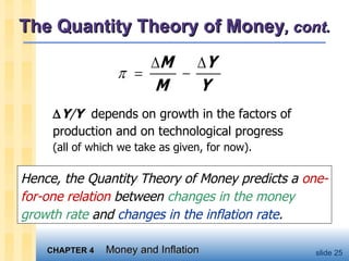 The Quantity Theory of Money , cont.  Y / Y   depends on growth in the factors of  production and on technological progress  (all of which we take as given, for now). Hence, the Quantity Theory of Money predicts a  one-for-one relation  between  changes in the money growth rate  and  changes in the inflation rate .  