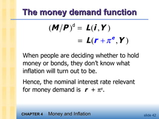 The money demand function When people are deciding whether to hold money or bonds, they don’t know what inflation will turn out to be.  Hence, the nominal interest rate relevant for money demand is  r   +   e . 
