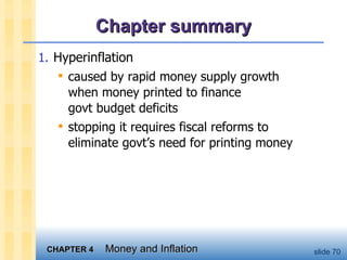 Chapter summary Hyperinflation caused by rapid money supply growth when money printed to finance  govt budget deficits stopping it requires fiscal reforms to eliminate govt’s need for printing money 