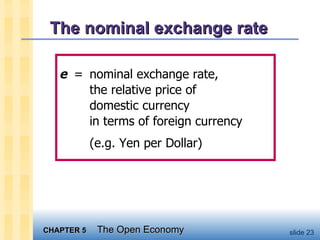 The nominal exchange rate e  =  nominal exchange rate,  the relative price of  domestic currency  in terms of foreign currency  (e.g. Yen per Dollar) 