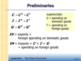 Preliminaries EX  = exports =  foreign spending on domestic goods IM  = imports =  C   f   +  I   f   +  G   f   = spending on foreign goods superscripts: d = spending on domestic goods f = spending on foreign goods 