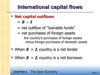 International capital flows Net capital outflows S   –  I net outflow of “loanable funds” net purchases of foreign assets   the country’s purchases of foreign assets    minus foreign purchases of domestic assets When  S   >  I , country is a net lender When  S   <  I , country is a net borrower 