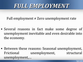 FULL EMPLOYMENTFULL EMPLOYMENT
Full employment ≠ Zero unemployment rate
• Several reasons in fact make some degree of
unemployment inevitable and even desirable into
the economy.
• Between these reasons: Seasonal unemployment,
Frictional unemployment, structural
unemployment,…
 