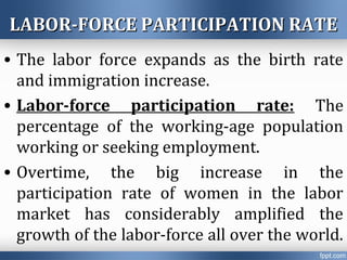 LABOR-FORCE PARTICIPATION RATELABOR-FORCE PARTICIPATION RATE
• The labor force expands as the birth rate
and immigration increase.
• Labor-force participation rate: The
percentage of the working-age population
working or seeking employment.
• Overtime, the big increase in the
participation rate of women in the labor
market has considerably amplified the
growth of the labor-force all over the world.
 