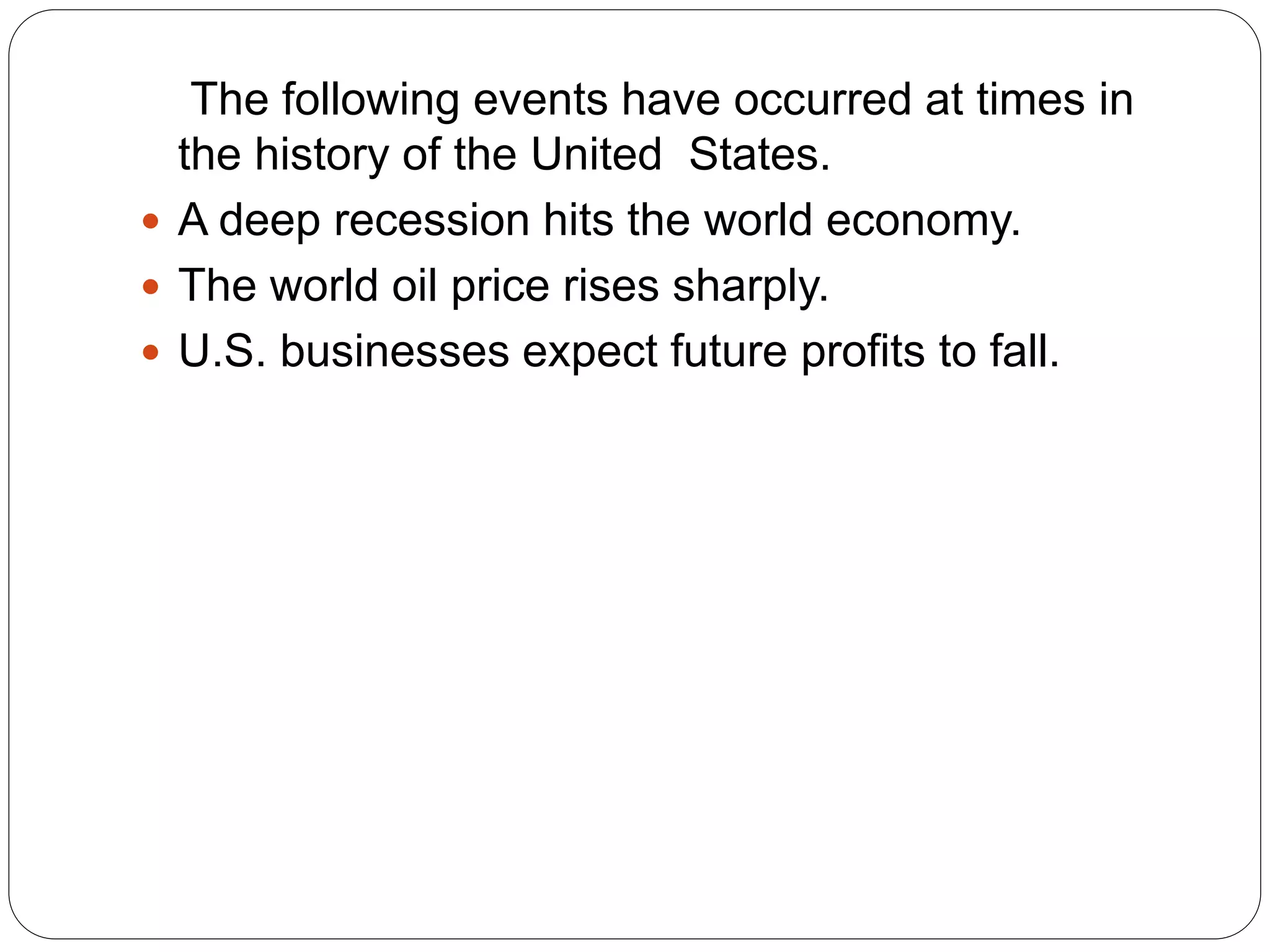The following events have occurred at times in
the history of the United States.
 A deep recession hits the world economy.
 The world oil price rises sharply.
 U.S. businesses expect future profits to fall.
 
