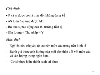 Giả định
- P và w được coi là thay đổi không đáng kể
- AS luôn đáp ứng được AD
- Bỏ qua sự tác động của thị trường tiền tệ
- Sản lượng ≡ Thu nhập ≡ Y
Mục đích
- Nghiên cứu các yếu tố tạo nên mức cầu trong nền kinh tế
- Đánh giá được ảnh hưởng của mỗi tác nhân đối với mức cầu
và sản lượng trong ngắn hạn.
- Cơ sở thực hiện chính sách tài khóa
39
 