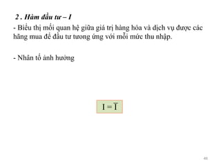 2 . Hàm đầu tư – I
- Biểu thị mối quan hệ giữa giá trị hàng hóa và dịch vụ được các
hãng mua để đầu tư tưong ứng với mỗi mức thu nhập.
- Nhân tố ảnh hưởng
I = I̅
46
 