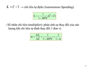 A̅ = C̅ + I̅ → chi tiêu tự định (Autonomous Spending)
- Số nhân chi tiêu (multiplier): phản ánh sự thay đổi của sản
lượng khi chi tiêu tự định thay đổi 1 đơn vị
)(
1
1
0 IC
MPC
Y 









1
1
1
10
MPCA
Y
m
48
 