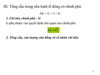 III. Tổng cầu trong nền kinh tế đóng có chính phủ
AE = C + I + G
1. Chi tiêu chính phủ - G
G phụ thuộc vào quyết định chủ quan của chính phủ
2. Tổng cầu, sản lượng cân bằng và số nhân chi tiêu
GG 
50
 