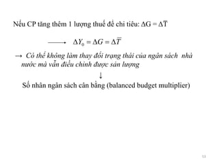 Nếu CP tăng thêm 1 lượng thuế để chi tiêu: ΔG = ΔT̅
→ Có thể không làm thay đổi trạng thái của ngân sách nhà
nước mà vẫn điều chỉnh được sản lượng
↓
Số nhân ngân sách cân bằng (balanced budget multiplier)
TGY  0
53
 