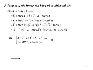 2. Tổng cầu, sản lượng cân bằng và số nhân chi tiêu
Đặt 





MPMtMPC
TMPCXGICA
)1(
.

 
 YMPMtMPCTMPCXGIC
YMPMXGItYTYMPCC
YMPMXGITYMPCC
YMPMXGIYMPCC
IMXGICAE
d





)1().(
.)(
.)(
..
58
 