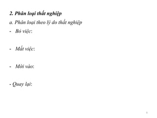 2. Phân loại thất nghiệp
a. Phân loại theo lý do thất nghiệp
- Bỏ việc:
- Mất việc:
- Mới vào:
- Quay lại:
6
 