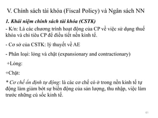 V. Chính sách tài khóa (Fiscal Policy) và Ngân sách NN
1. Khái niệm chính sách tài khóa (CSTK)
- K/n: Là các chương trình hoạt động của CP về việc sử dụng thuế
khóa và chi tiêu CP để điều tiết nền kinh tế.
- Cơ sở của CSTK: lý thuyết về AE
- Phân loại: lỏng và chặt (expansionary and contractionary)
+Lỏng:
+Chặt:
* Cơ chế ổn định tự động: là các cơ chế có ở trong nền kinh tế tự
động làm giảm bớt sự biến động của sản lượng, thu nhập, việc làm
trước những cú sốc kinh tế.
61
 