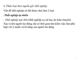 b. Phân loại theo nguồn gốc thất nghiệp
Vấn đề thất nghiệp có thể được chia làm 2 loại:
-Thất nghiệp tự nhiên
- Thất nghiệp tạm thời (thất nghiệp cọ sát hay do luân chuyển)
Xảy ra khi người lao động cần có thời gian tìm kiếm việc làm phù
hợp với ý muốn và kĩ năng của người lao động
7
 